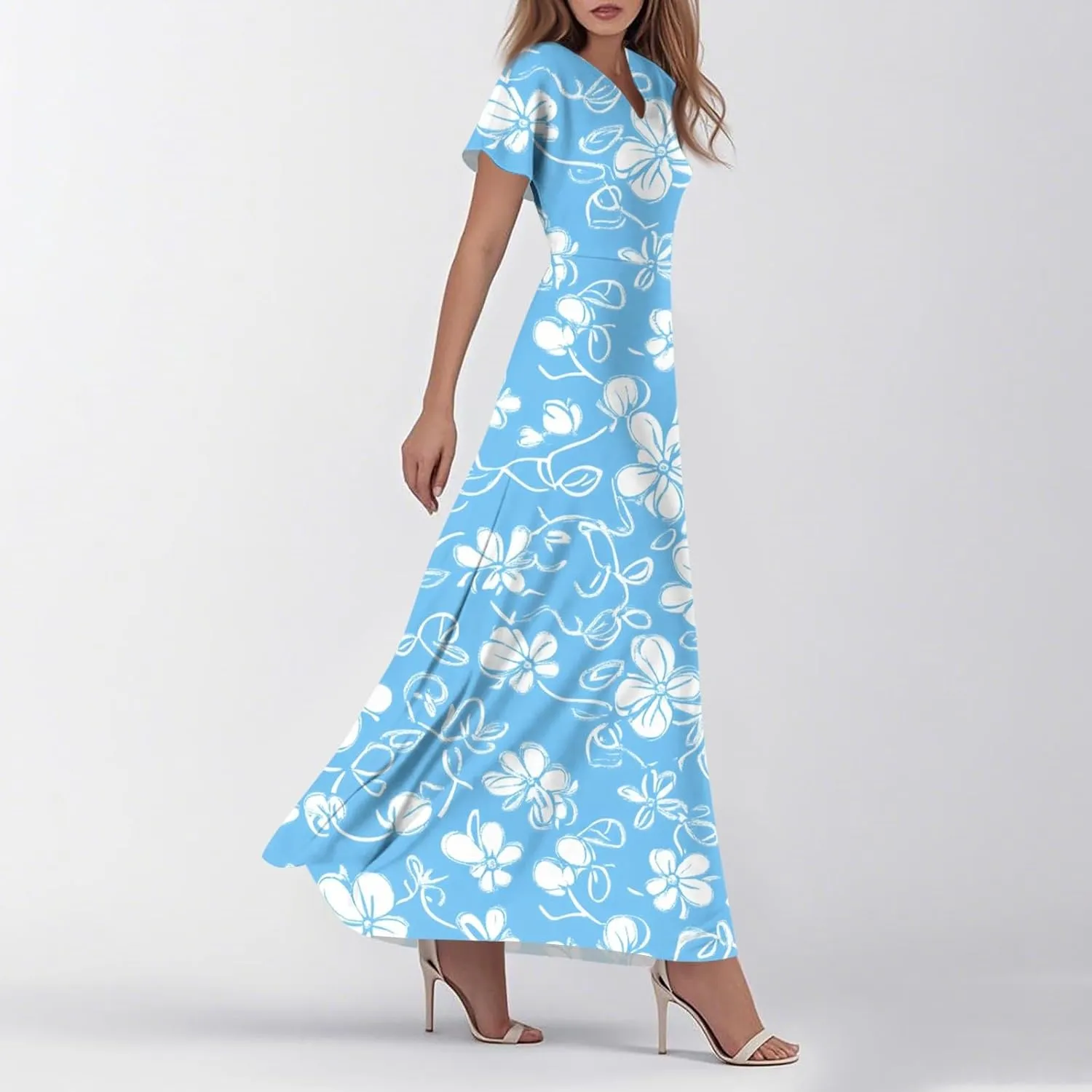 Women's 2025 Summer Floral V Neck Midi Dress Boho Short Sleeve High Waist Flowy Beach Vacation Dresses