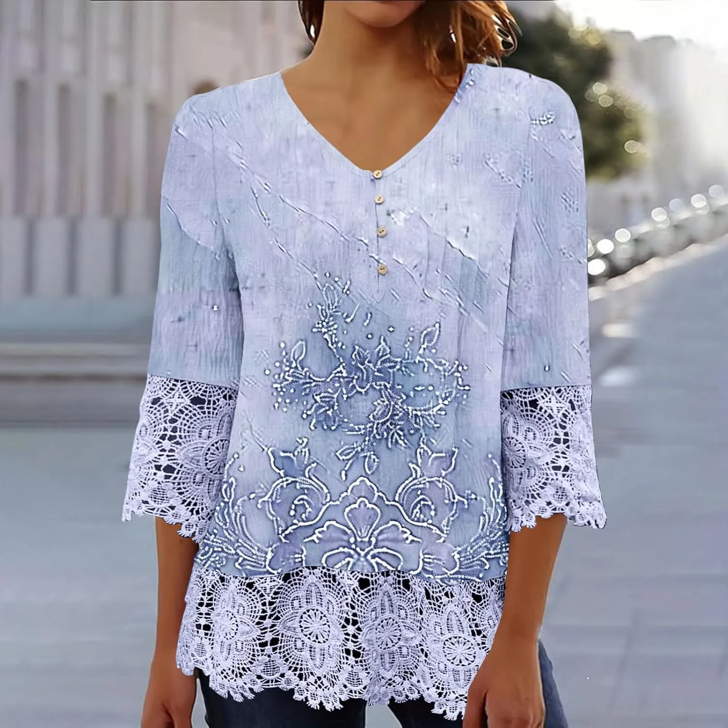 Womens 3/4 Sleeve Blouses Dressy Casual V-Neck Lace Crochet Tunics Shirts Loose Fit Button Ruffled Front Tops