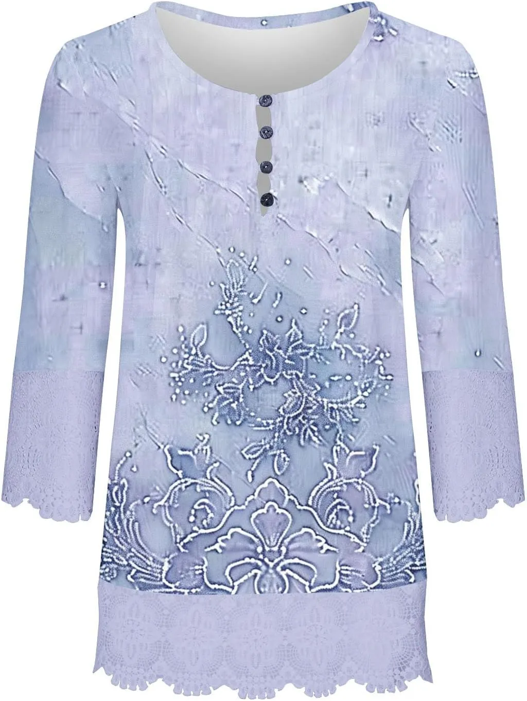 Womens 3/4 Sleeve Blouses Dressy Casual V-Neck Lace Crochet Tunics Shirts Loose Fit Button Ruffled Front Tops