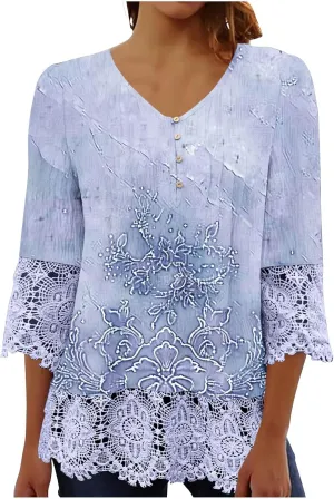 Womens 3/4 Sleeve Blouses Dressy Casual V-Neck Lace Crochet Tunics Shirts Loose Fit Button Ruffled Front Tops