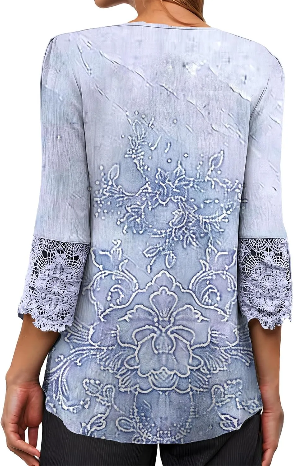 Womens 3/4 Sleeve Blouses Dressy Casual V-Neck Lace Crochet Tunics Shirts Loose Fit Button Ruffled Front Tops