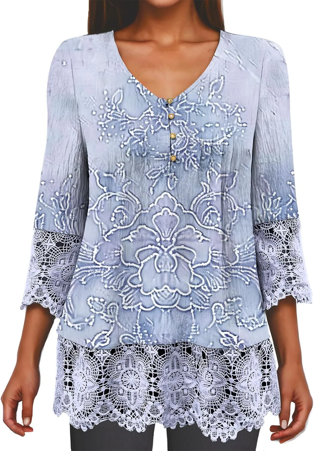 Womens 3/4 Sleeve Blouses Dressy Casual V-Neck Lace Crochet Tunics Shirts Loose Fit Button Ruffled Front Tops