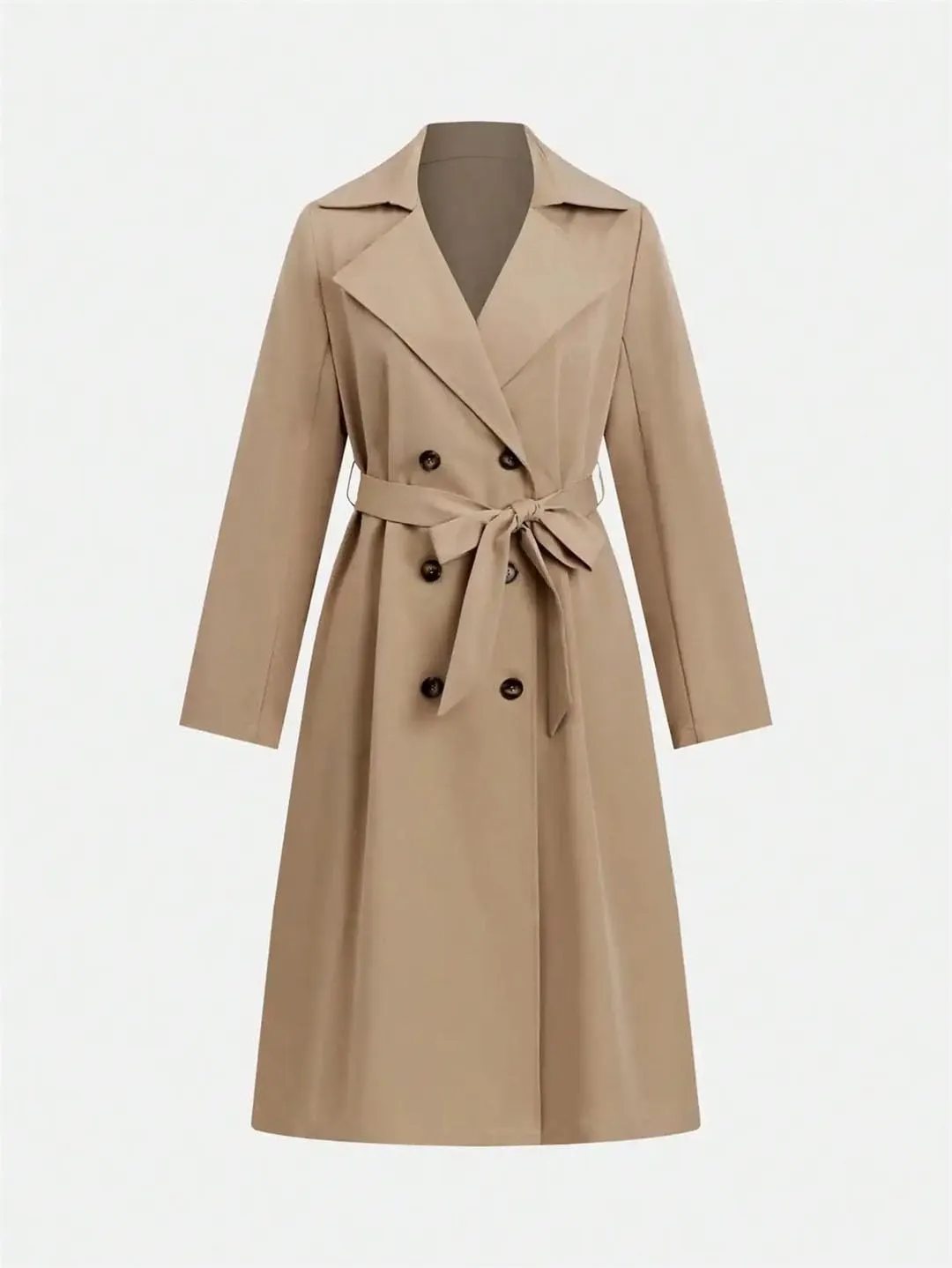 Women's British-Style Double-Breasted Windbreaker Waist-Cinched Midi Jacket Long Sleeves Trench Coat