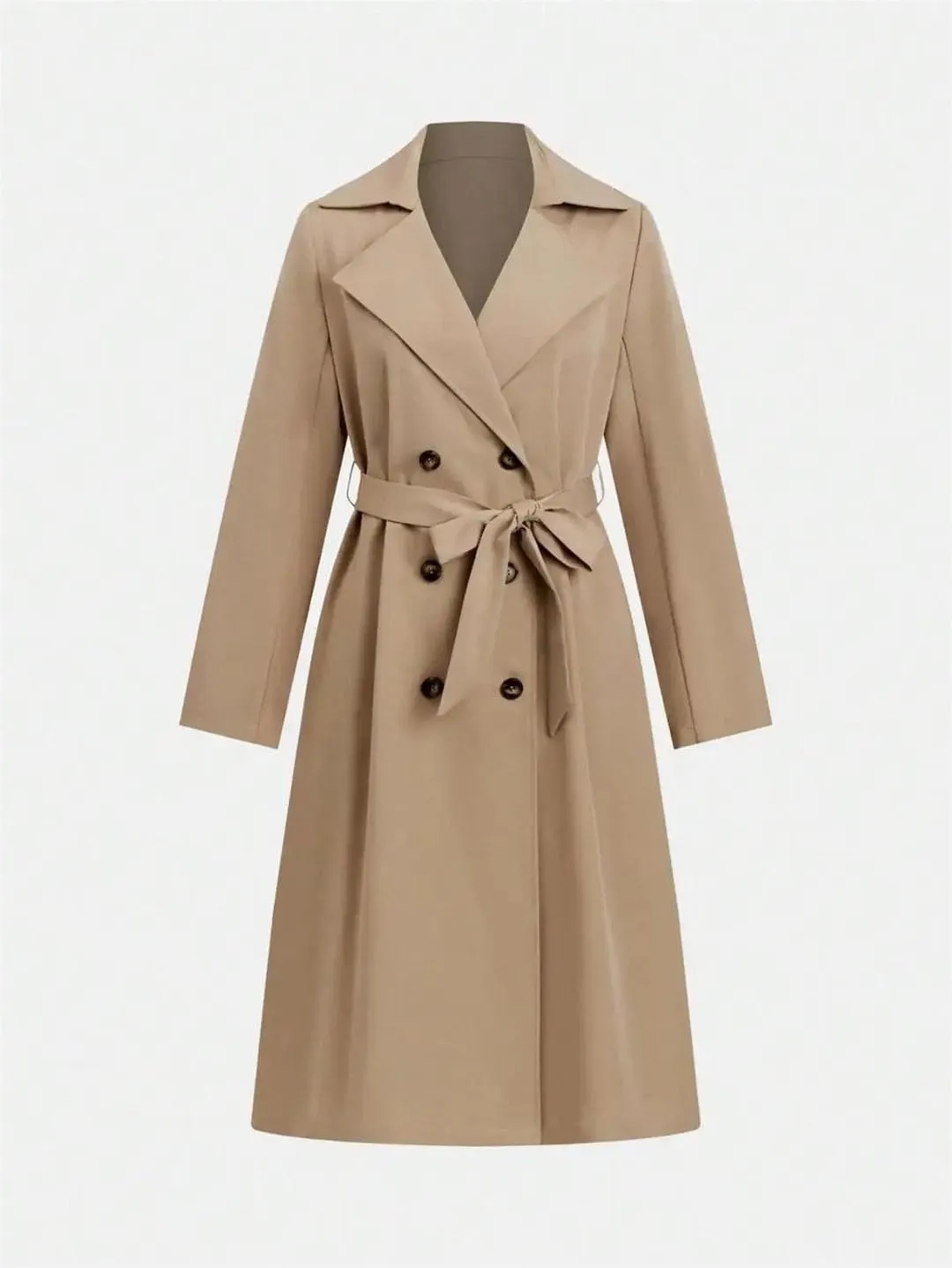 Women's British-Style Double-Breasted Windbreaker Waist-Cinched Midi Jacket Long Sleeves Trench Coat