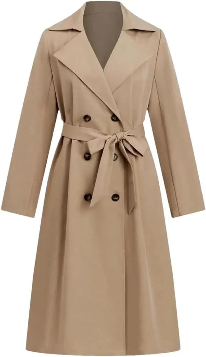 Women's British-Style Double-Breasted Windbreaker Waist-Cinched Midi Jacket Long Sleeves Trench Coat
