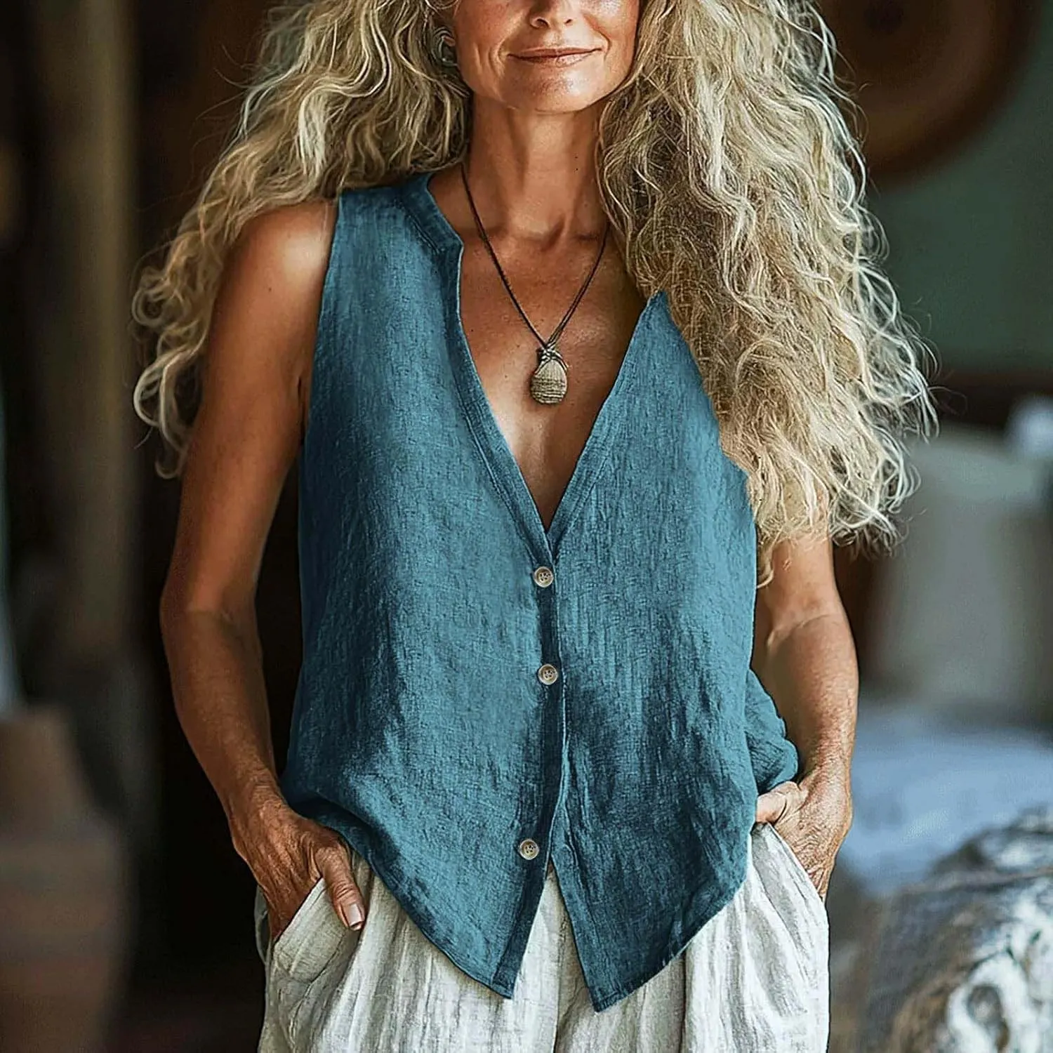 Womens Button Down Vest Cotton Linen Sleeveless Tank Tops Fully Lined Deep V Neck Casual Jacket Waistcoat