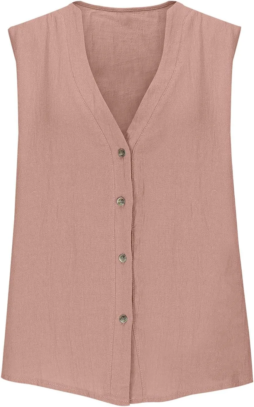 Womens Button Down Vest Cotton Linen Sleeveless Tank Tops Fully Lined Deep V Neck Casual Jacket Waistcoat