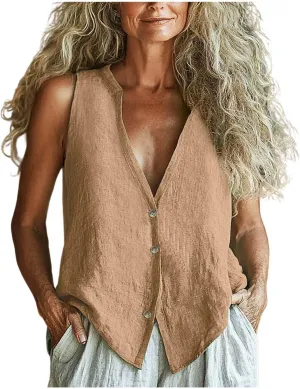 Womens Button Down Vest Cotton Linen Sleeveless Tank Tops Fully Lined Deep V Neck Casual Jacket Waistcoat