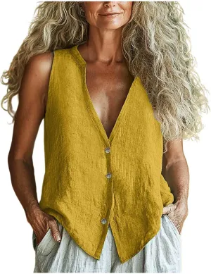 Womens Button Down Vest Cotton Linen Sleeveless Tank Tops Fully Lined Deep V Neck Casual Jacket Waistcoat