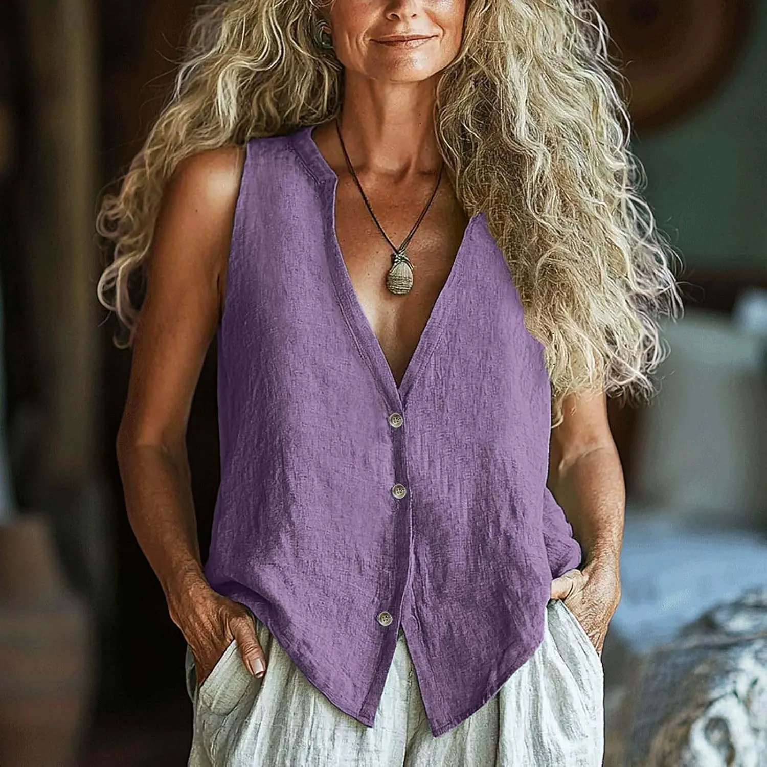 Womens Button Down Vest Cotton Linen Sleeveless Tank Tops Fully Lined Deep V Neck Casual Jacket Waistcoat