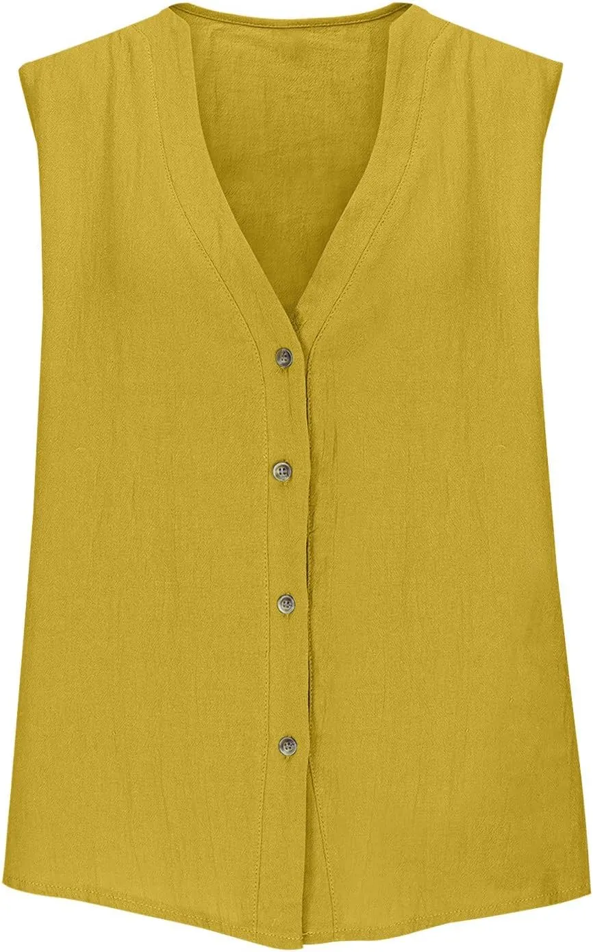 Womens Button Down Vest Cotton Linen Sleeveless Tank Tops Fully Lined Deep V Neck Casual Jacket Waistcoat