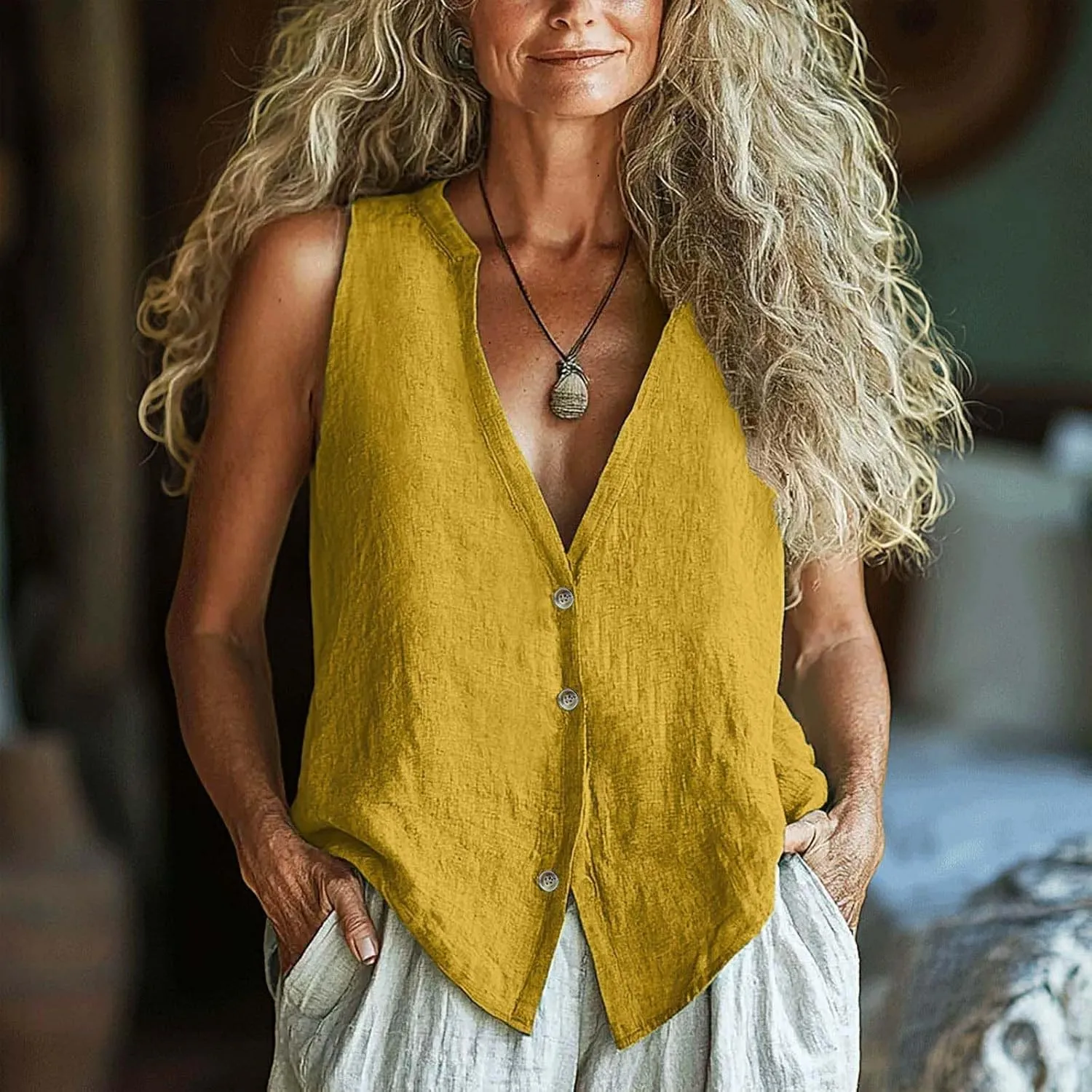 Womens Button Down Vest Cotton Linen Sleeveless Tank Tops Fully Lined Deep V Neck Casual Jacket Waistcoat