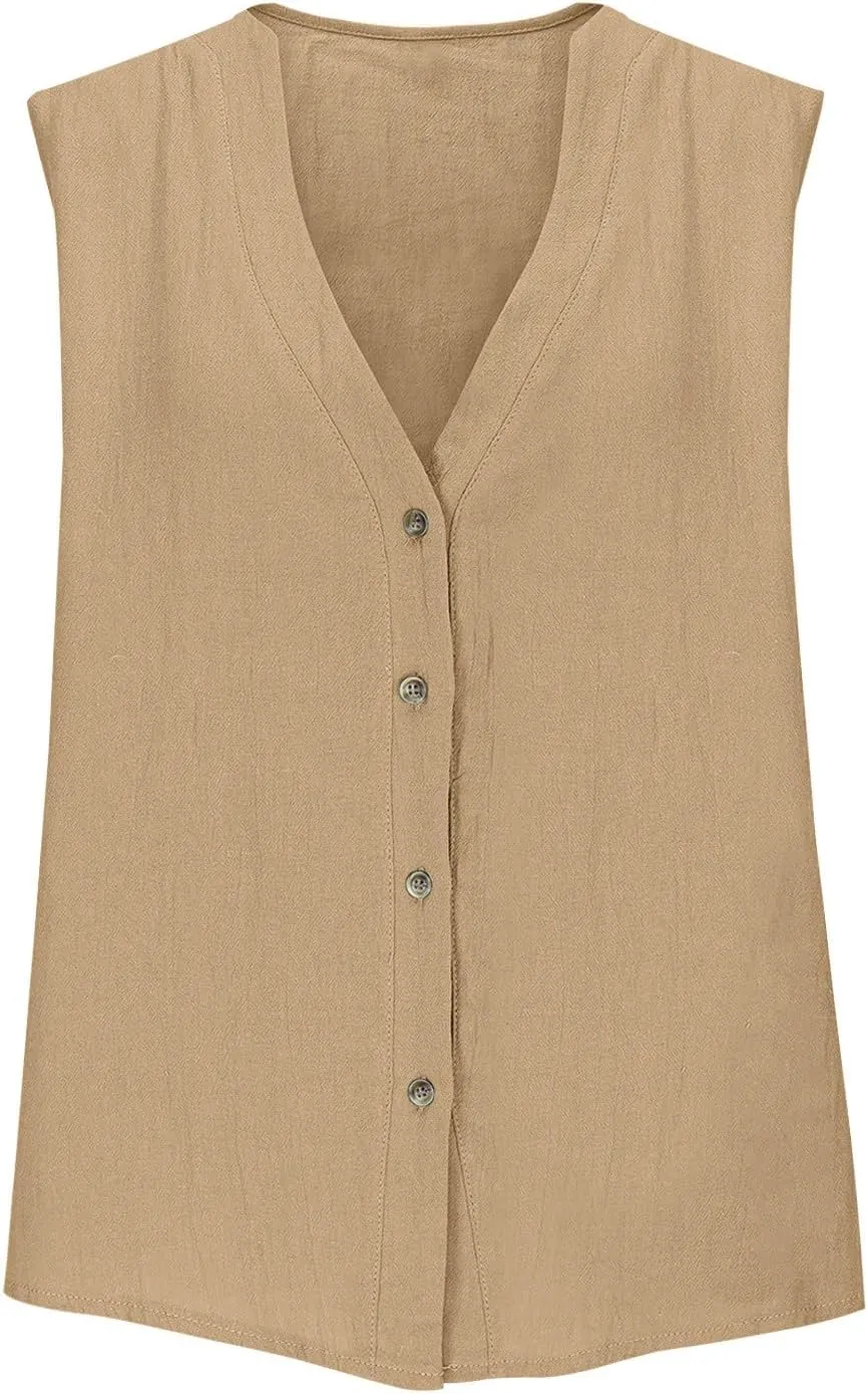 Womens Button Down Vest Cotton Linen Sleeveless Tank Tops Fully Lined Deep V Neck Casual Jacket Waistcoat
