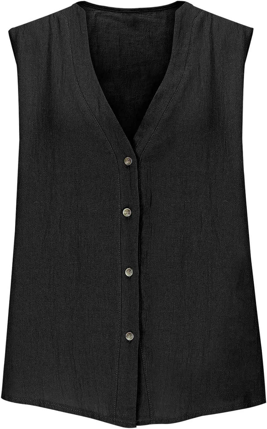 Womens Button Down Vest Cotton Linen Sleeveless Tank Tops Fully Lined Deep V Neck Casual Jacket Waistcoat