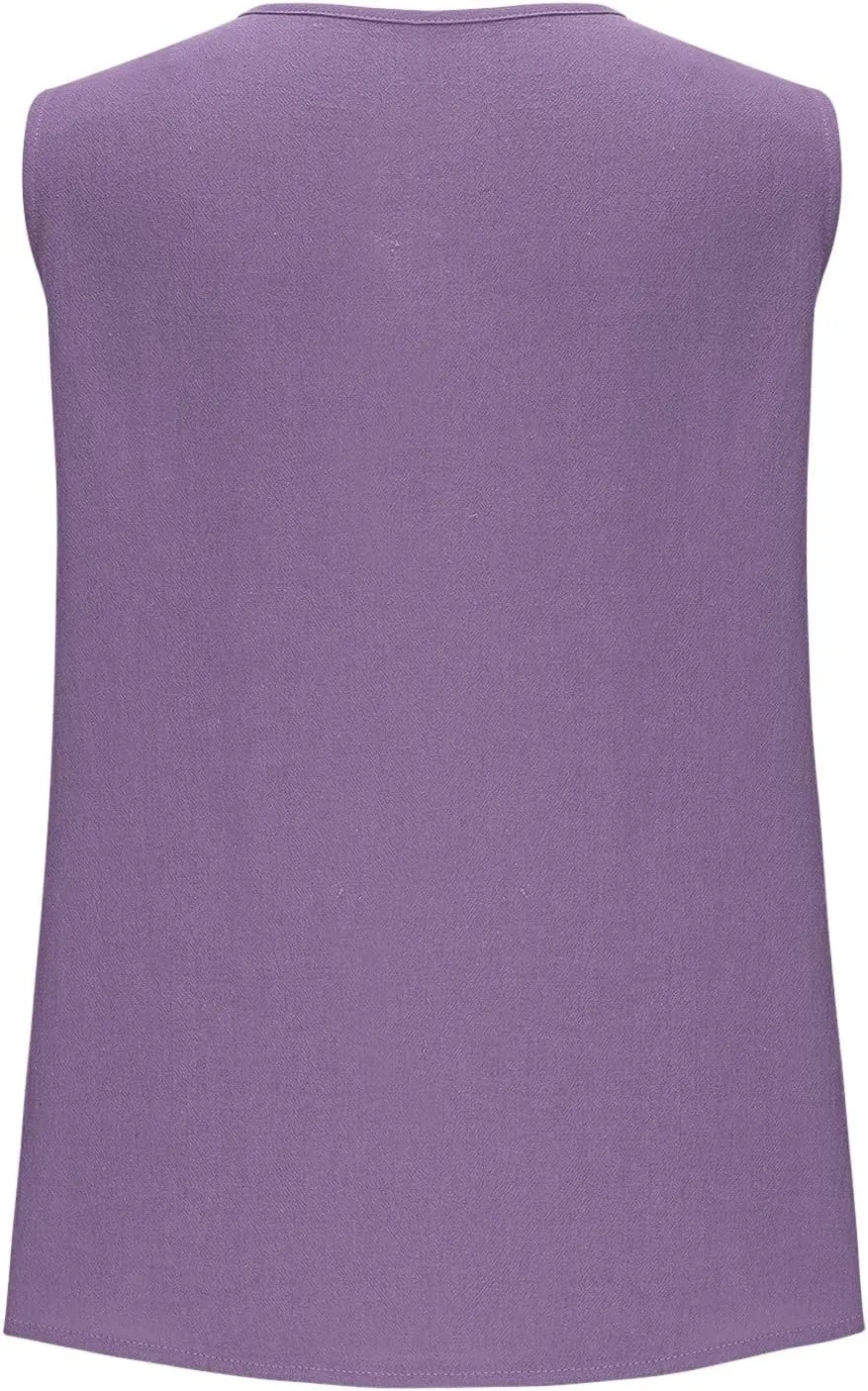 Womens Button Down Vest Cotton Linen Sleeveless Tank Tops Fully Lined Deep V Neck Casual Jacket Waistcoat