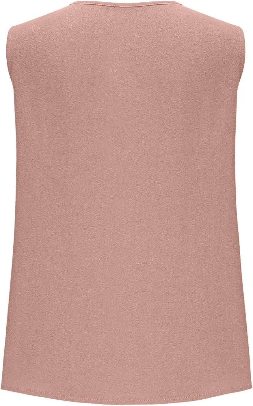 Womens Button Down Vest Cotton Linen Sleeveless Tank Tops Fully Lined Deep V Neck Casual Jacket Waistcoat