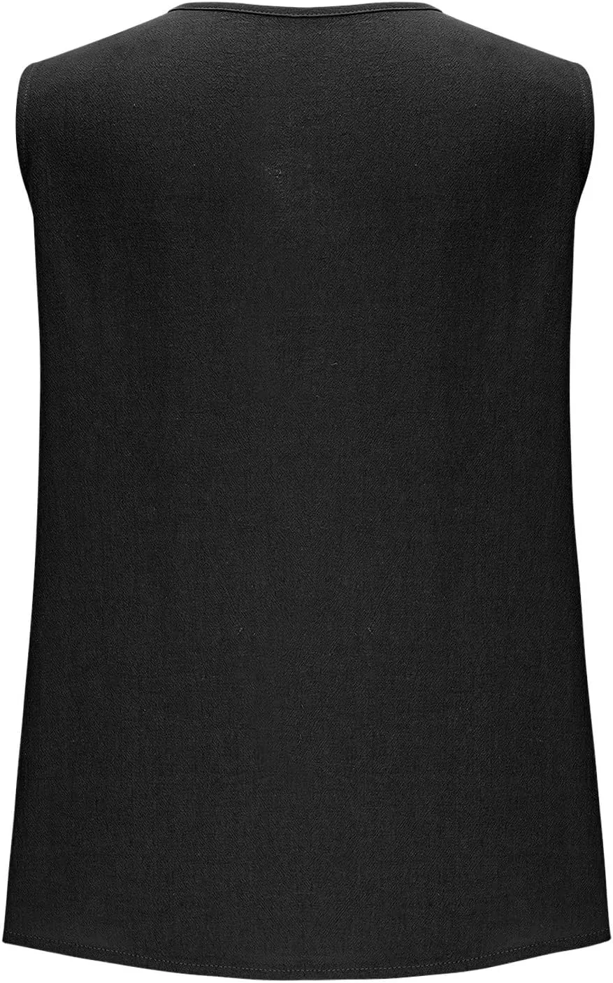 Womens Button Down Vest Cotton Linen Sleeveless Tank Tops Fully Lined Deep V Neck Casual Jacket Waistcoat