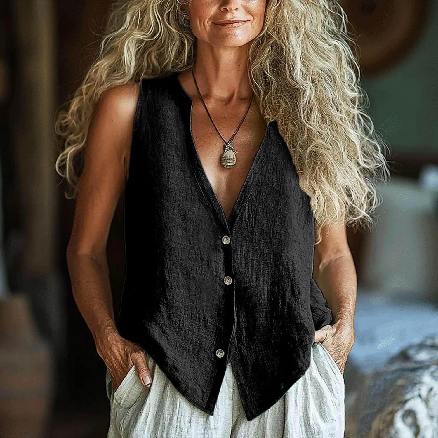 Womens Button Down Vest Cotton Linen Sleeveless Tank Tops Fully Lined Deep V Neck Casual Jacket Waistcoat
