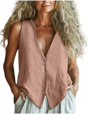 Womens Button Down Vest Cotton Linen Sleeveless Tank Tops Fully Lined Deep V Neck Casual Jacket Waistcoat
