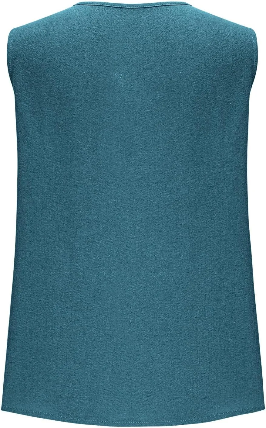 Womens Button Down Vest Cotton Linen Sleeveless Tank Tops Fully Lined Deep V Neck Casual Jacket Waistcoat