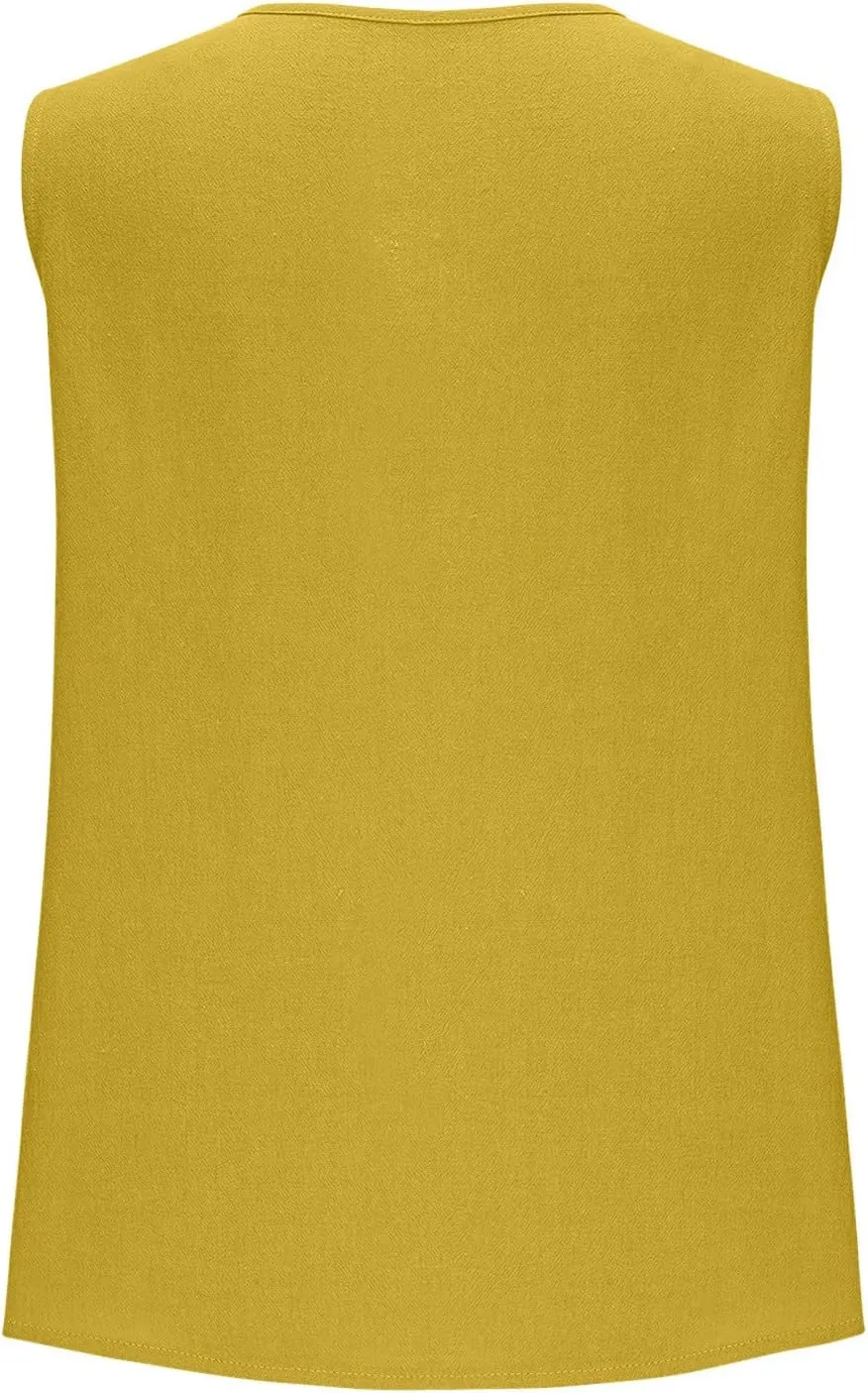 Womens Button Down Vest Cotton Linen Sleeveless Tank Tops Fully Lined Deep V Neck Casual Jacket Waistcoat
