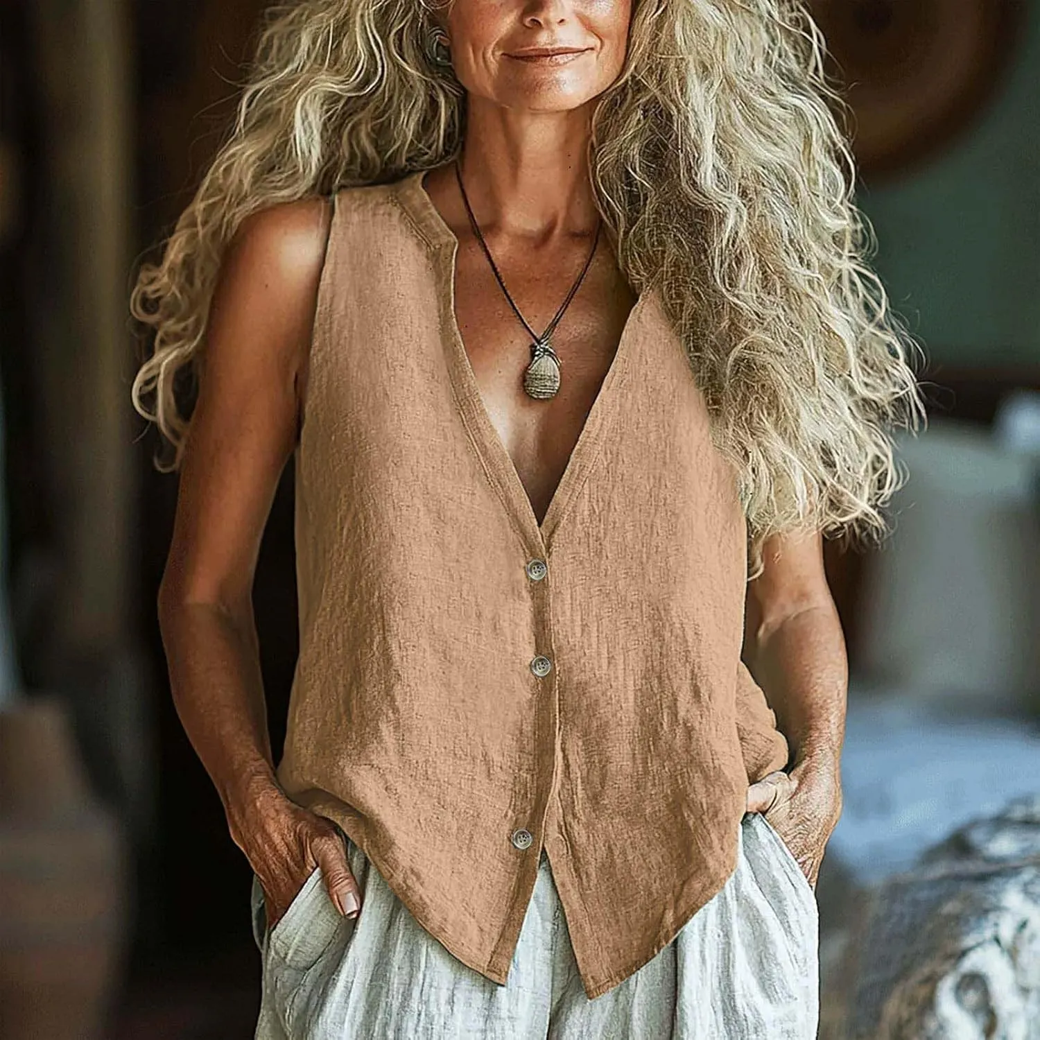 Womens Button Down Vest Cotton Linen Sleeveless Tank Tops Fully Lined Deep V Neck Casual Jacket Waistcoat