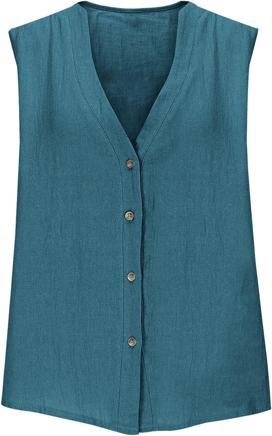 Womens Button Down Vest Cotton Linen Sleeveless Tank Tops Fully Lined Deep V Neck Casual Jacket Waistcoat