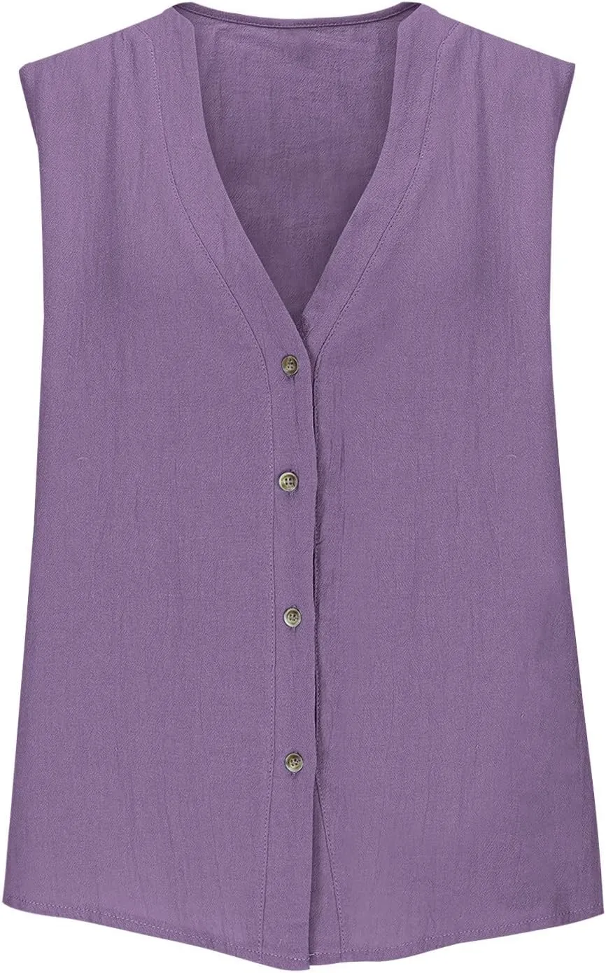 Womens Button Down Vest Cotton Linen Sleeveless Tank Tops Fully Lined Deep V Neck Casual Jacket Waistcoat