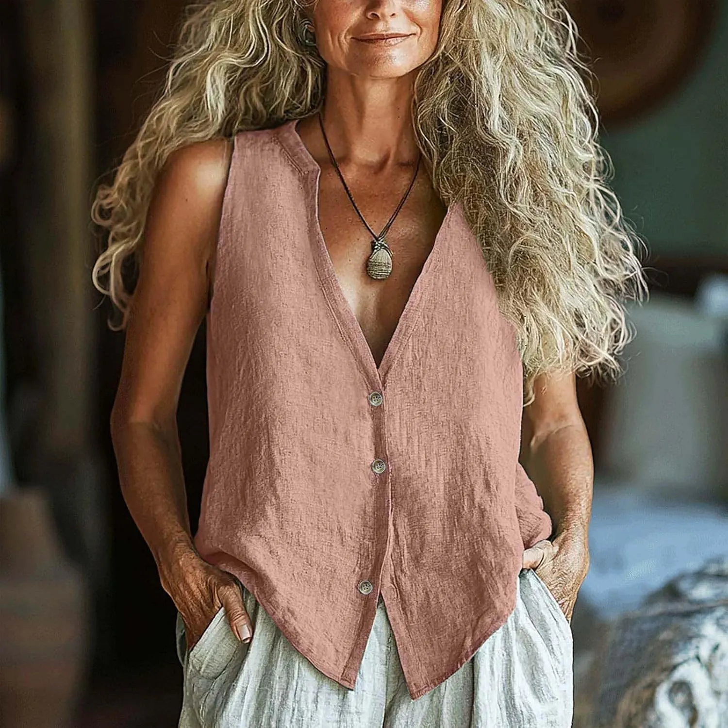 Womens Button Down Vest Cotton Linen Sleeveless Tank Tops Fully Lined Deep V Neck Casual Jacket Waistcoat
