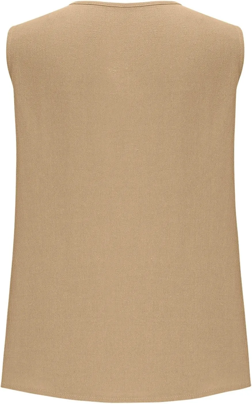 Womens Button Down Vest Cotton Linen Sleeveless Tank Tops Fully Lined Deep V Neck Casual Jacket Waistcoat