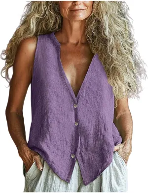 Womens Button Down Vest Cotton Linen Sleeveless Tank Tops Fully Lined Deep V Neck Casual Jacket Waistcoat