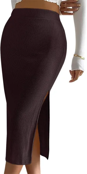 Women's Casual Midi Ribbed Knit Skirt with Side Slit Stretchy Work Business Casual Pencil Pull-On Skirts