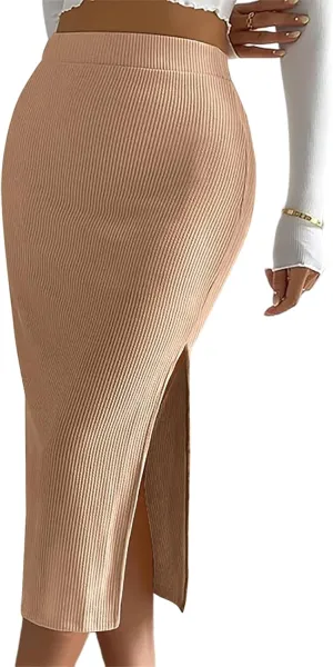 Women's Casual Midi Ribbed Knit Skirt with Side Slit Stretchy Work Business Casual Pencil Pull-On Skirts