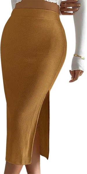 Women's Casual Midi Ribbed Knit Skirt with Side Slit Stretchy Work Business Casual Pencil Pull-On Skirts
