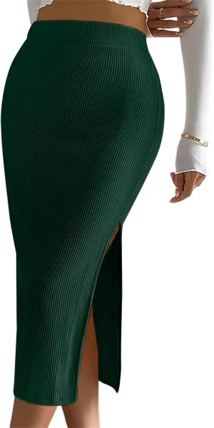 Women's Casual Midi Ribbed Knit Skirt with Side Slit Stretchy Work Business Casual Pencil Pull-On Skirts