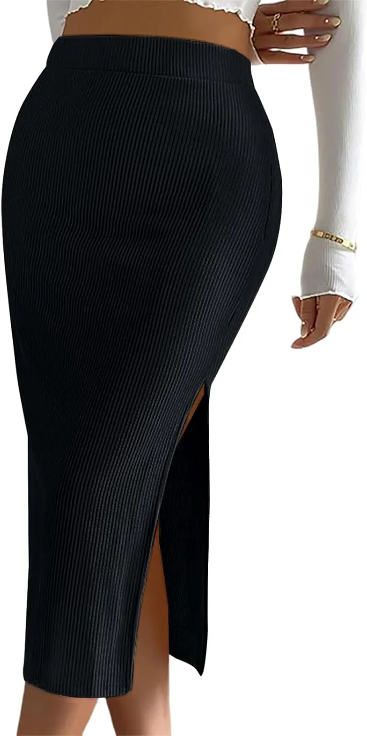 Women's Casual Midi Ribbed Knit Skirt with Side Slit Stretchy Work Business Casual Pencil Pull-On Skirts