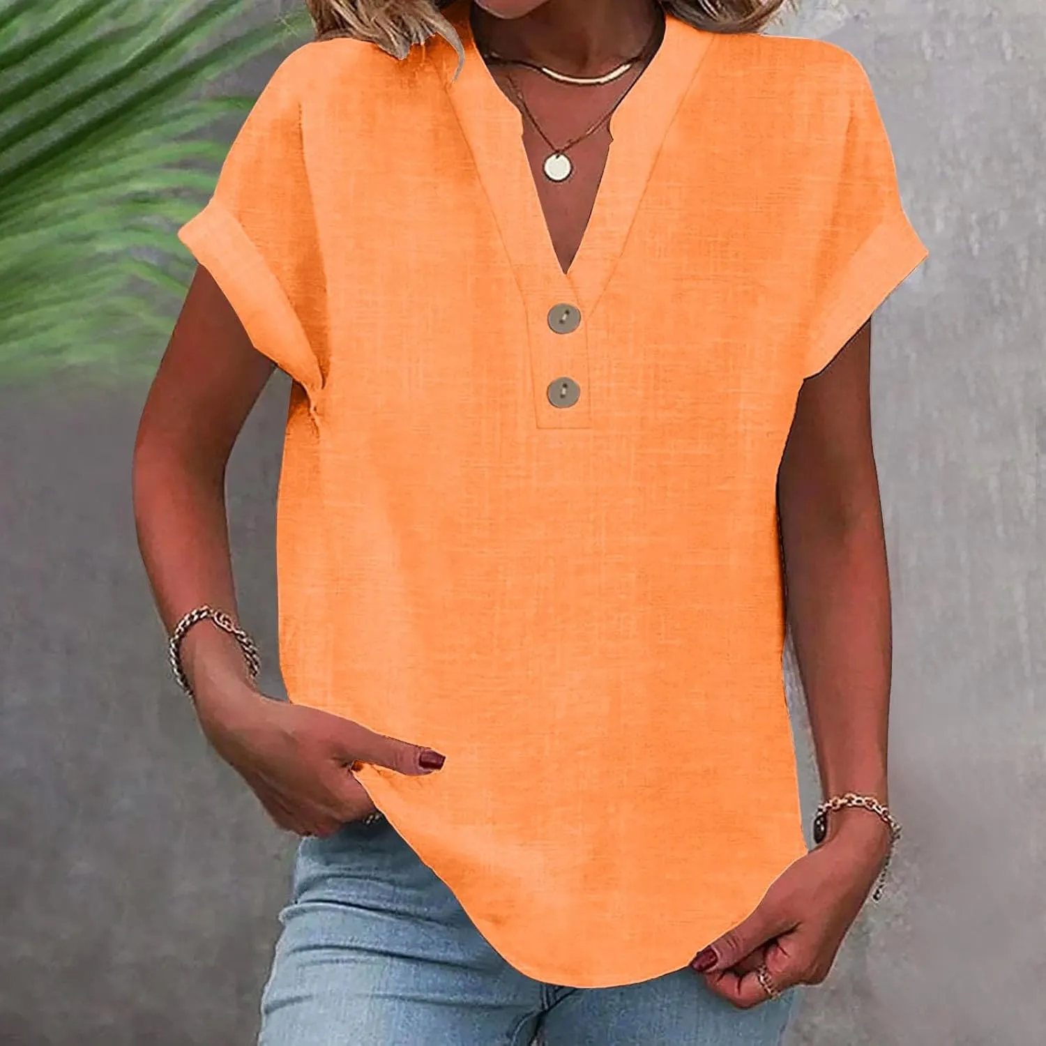 Womens Cotton Linen Shirts Summer Trendy Short Sleeve V-Neck Blouses Tops Button Down Gauze Tees Casual Clothes 2025