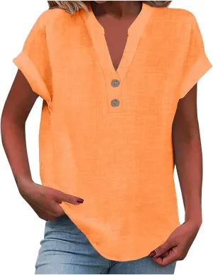 Womens Cotton Linen Shirts Summer Trendy Short Sleeve V-Neck Blouses Tops Button Down Gauze Tees Casual Clothes 2025