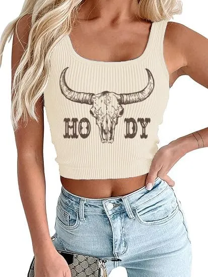 Women's Cowgirl Country Concert Sleeveless Cropped Tank Top Summer Casual Cowboy Shirt Western Graphic Top Cute Outfit