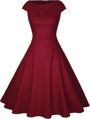 Womens Elegant Collar Design Cocktail Cap Sleeve Tunic Aline Knee Length Flowy Swing Wedding