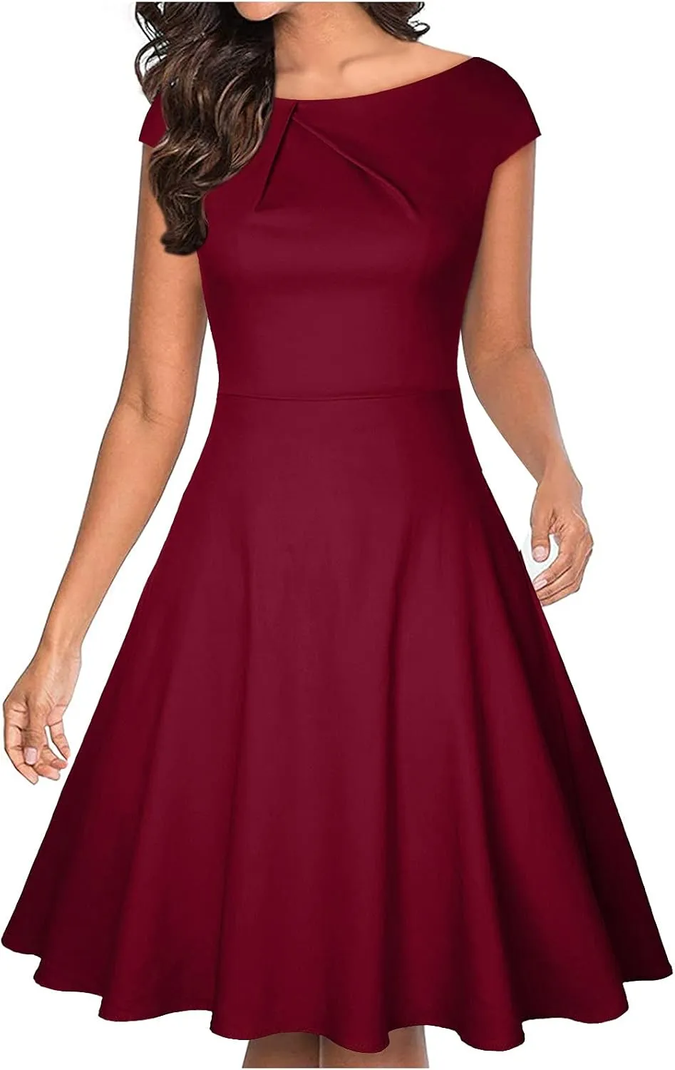 Womens Elegant Collar Design Cocktail Cap Sleeve Tunic Aline Knee Length Flowy Swing Wedding