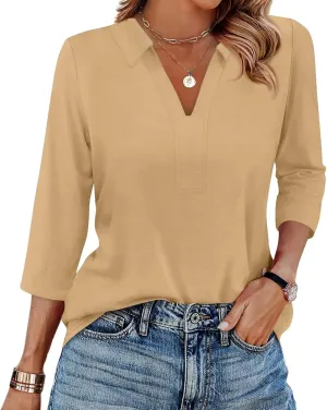 Women's Fashion Shirt Collared 3/4 Length Sleeve Solid Color Blouse Summer 2025 V Neck Polo Business Work Tops