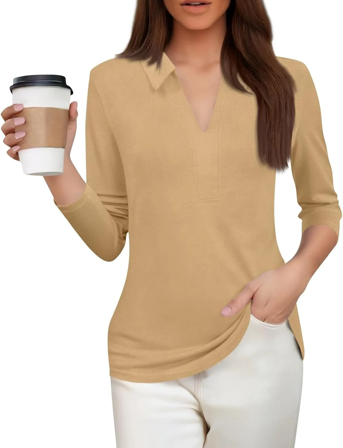 Women's Fashion Shirt Collared 3/4 Length Sleeve Solid Color Blouse Summer 2025 V Neck Polo Business Work Tops