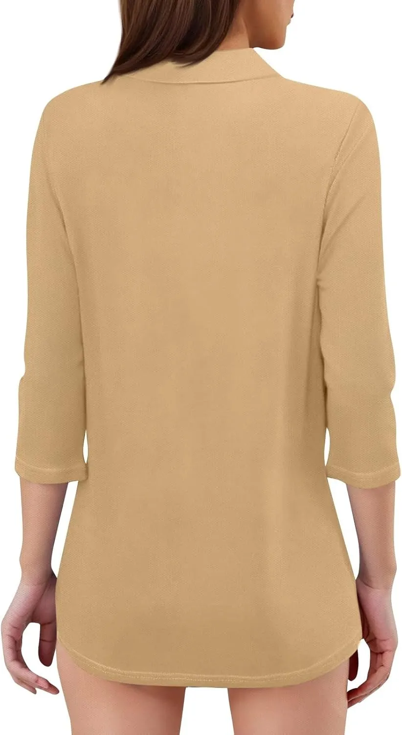 Women's Fashion Shirt Collared 3/4 Length Sleeve Solid Color Blouse Summer 2025 V Neck Polo Business Work Tops