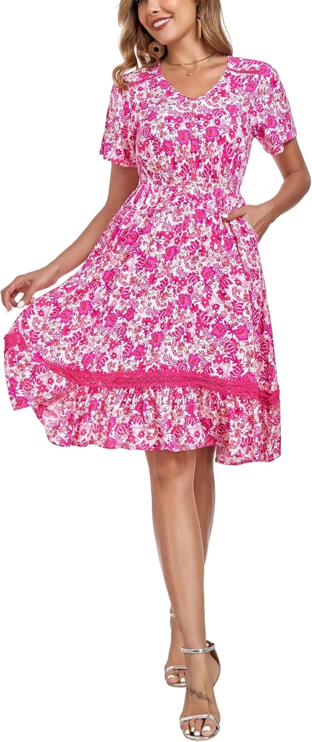 Women's Floral Dress with Ladder Lace Trim Midi Summer Casual Elegance Dress