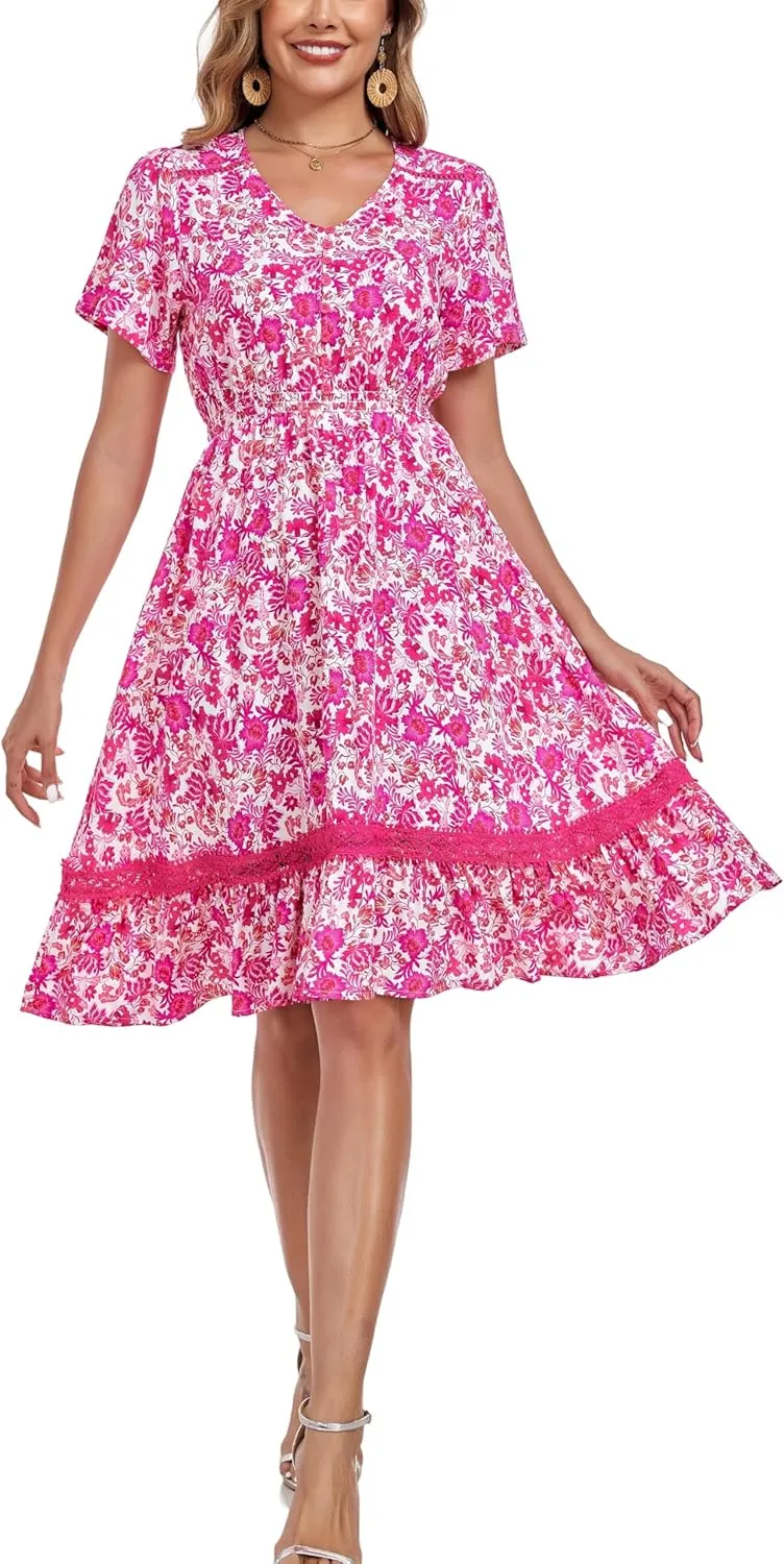 Women's Floral Dress with Ladder Lace Trim Midi Summer Casual Elegance Dress