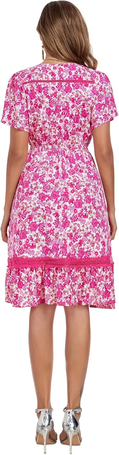 Women's Floral Dress with Ladder Lace Trim Midi Summer Casual Elegance Dress