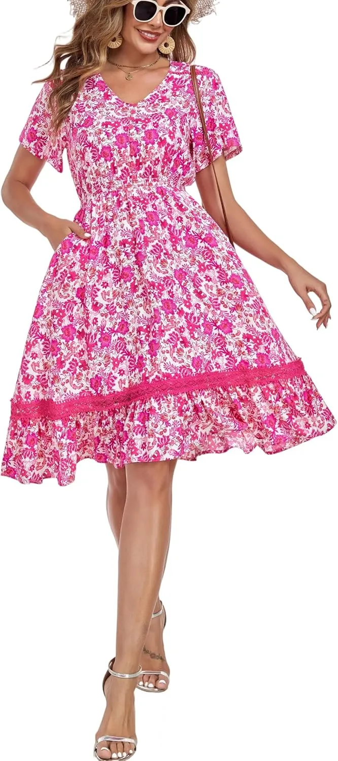 Women's Floral Dress with Ladder Lace Trim Midi Summer Casual Elegance Dress