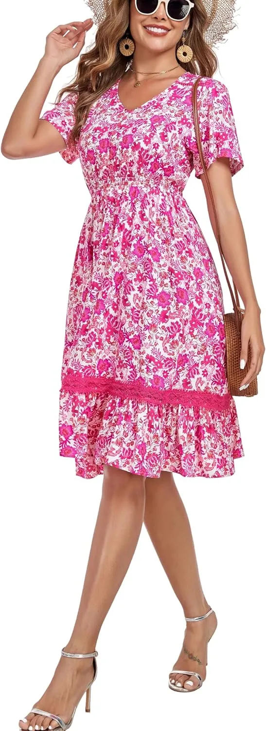 Women's Floral Dress with Ladder Lace Trim Midi Summer Casual Elegance Dress