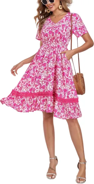 Women's Floral Dress with Ladder Lace Trim Midi Summer Casual Elegance Dress
